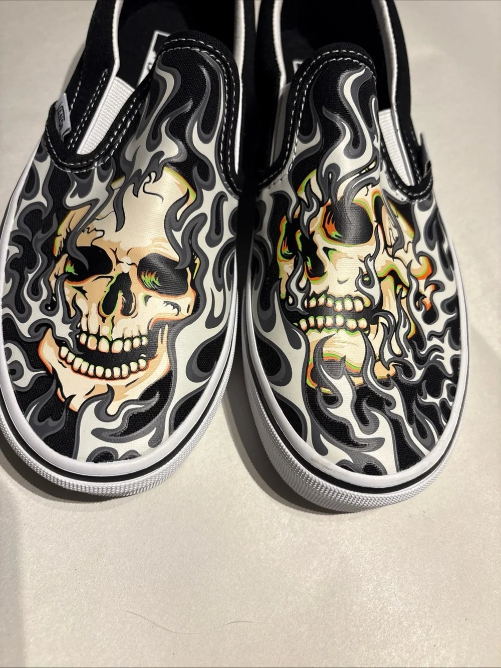 Vans Black & White Skull Flame Slip-On Loafers
